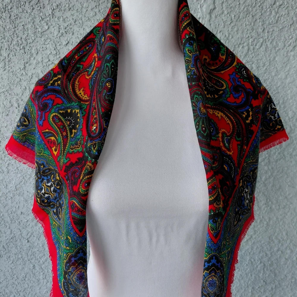Vintage Paisley Wool Scarf Red Multicolor Boho Square 30” Lightweight Fringe